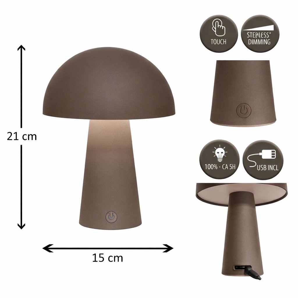 LED Tischlampe kabellos 15x21cm Matt Taupe Touch-Dimmer 3 Lichtfarben (2800K–6000K) Akku Tischleuchte mit USB-Kabel 80cm Moderne LED Lampe für Wohnzimmer, Schlafzimmer & Terrasse