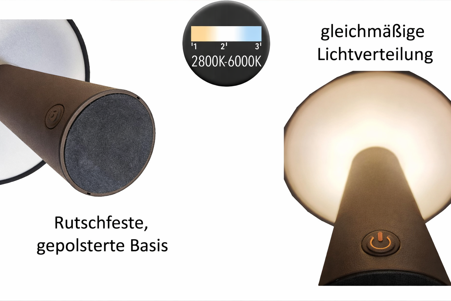 LED Tischlampe kabellos 15x21cm Matt Taupe Touch-Dimmer 3 Lichtfarben (2800K–6000K) Akku Tischleuchte mit USB-Kabel 80cm Moderne LED Lampe für Wohnzimmer, Schlafzimmer & Terrasse