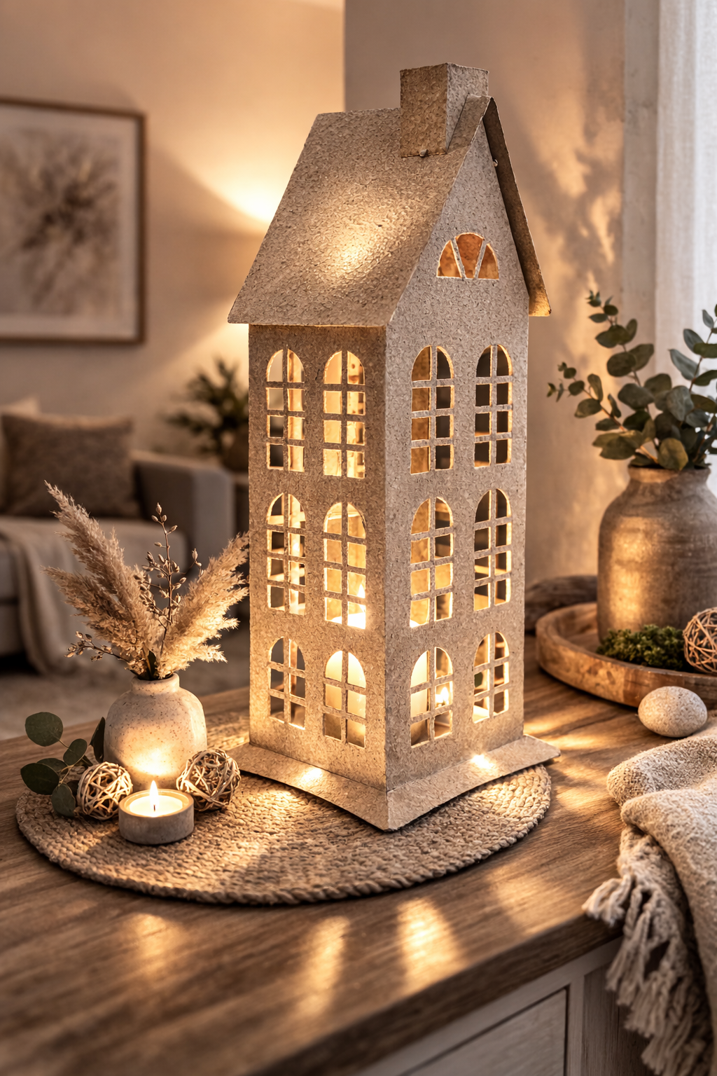 Haus Windlicht Laterne Metall natur-grau Gartenlaterne Deko-Laterne Landhaus Metalllaterne 18x12cm H60cm