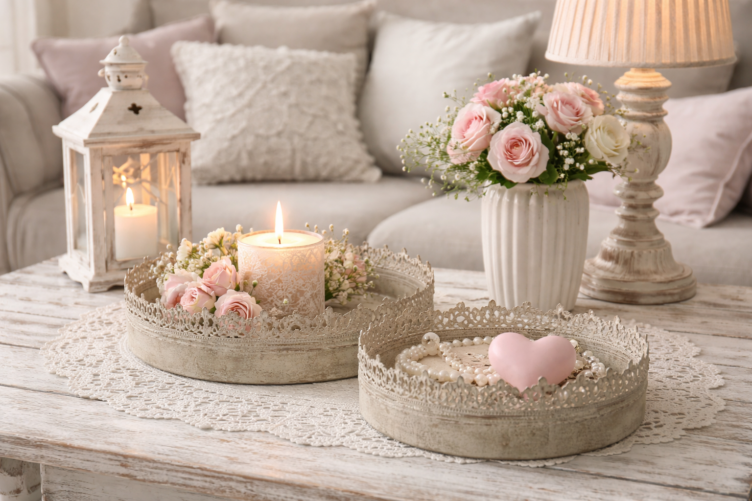 Tablett-Schale 2erSet METALL Shabby chic Landhaus Vintage grau rund Ø30+35cm