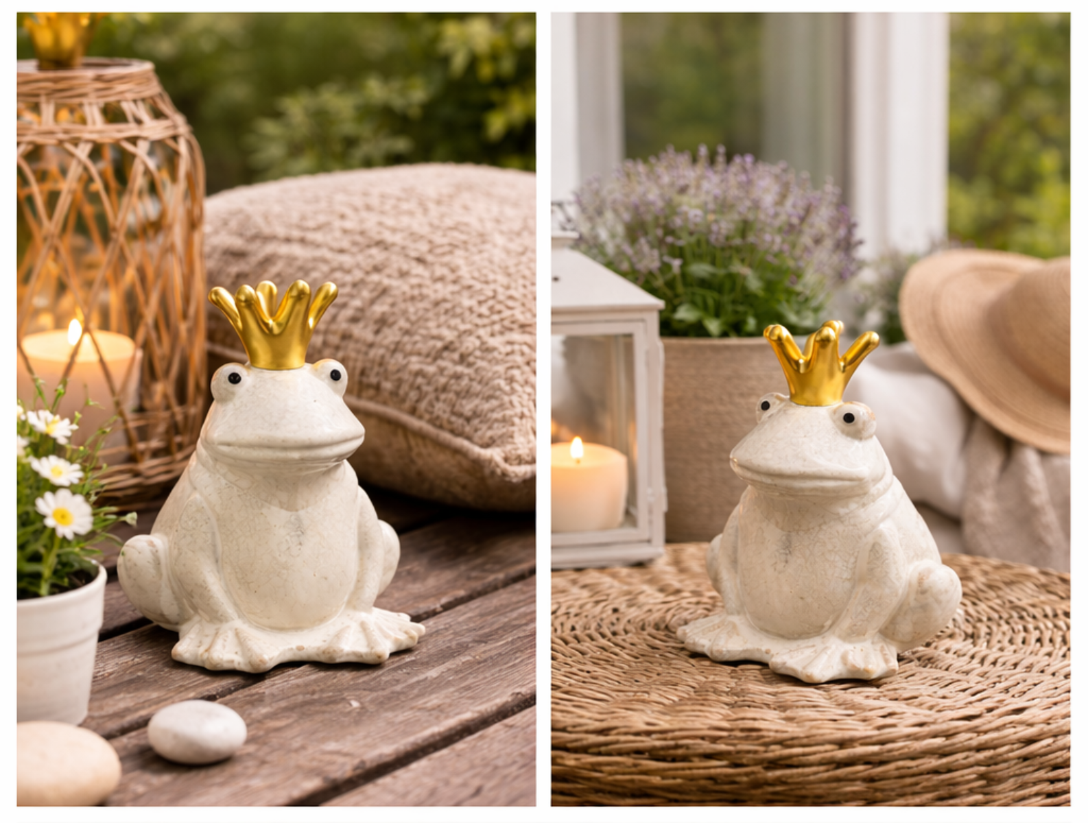 Frosch Keramik mit Krone creme 2er Set Dekofiguren 8,5 × H11,5 cm Gartenfigur Froschkönig Figuren für Wohn- & Gartendeko