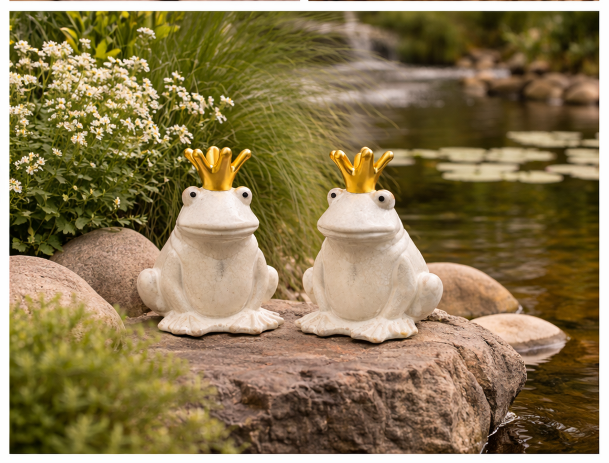 Frosch Keramik mit Krone creme 2er Set Dekofiguren 8,5 × H11,5 cm Gart – finehomegarden