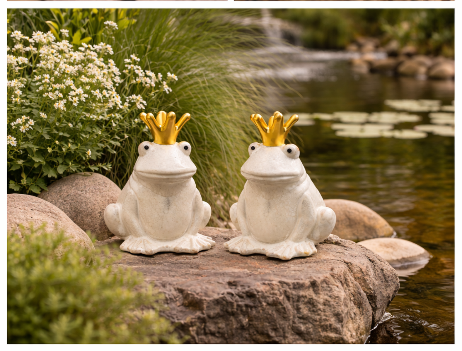 Frosch Keramik mit Krone creme 2er Set Dekofiguren 8,5 × H11,5 cm Gartenfigur Froschkönig Figuren für Wohn- & Gartendeko