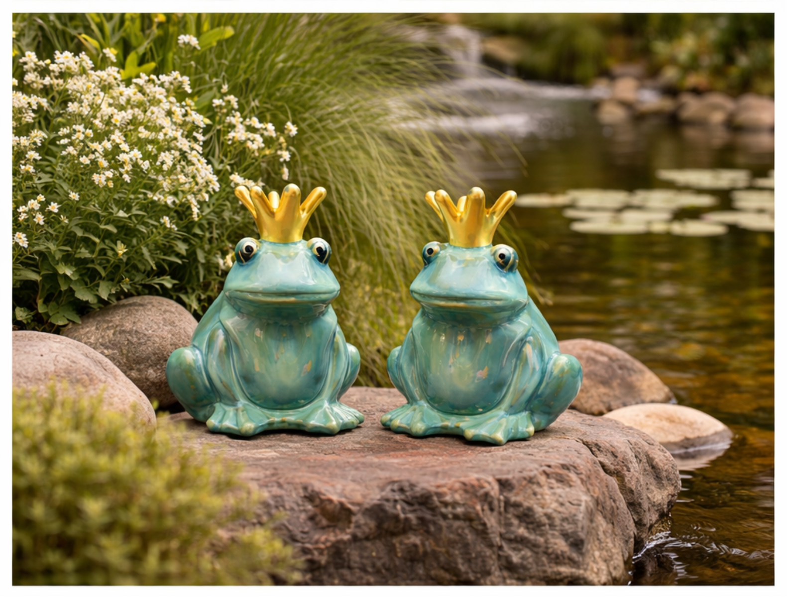 Frosch Keramik mit Krone grün 2er Set Dekofiguren 8,5 × H11,5 cm Gartenfigur Froschkönig Figuren für Wohn- & Gartendeko