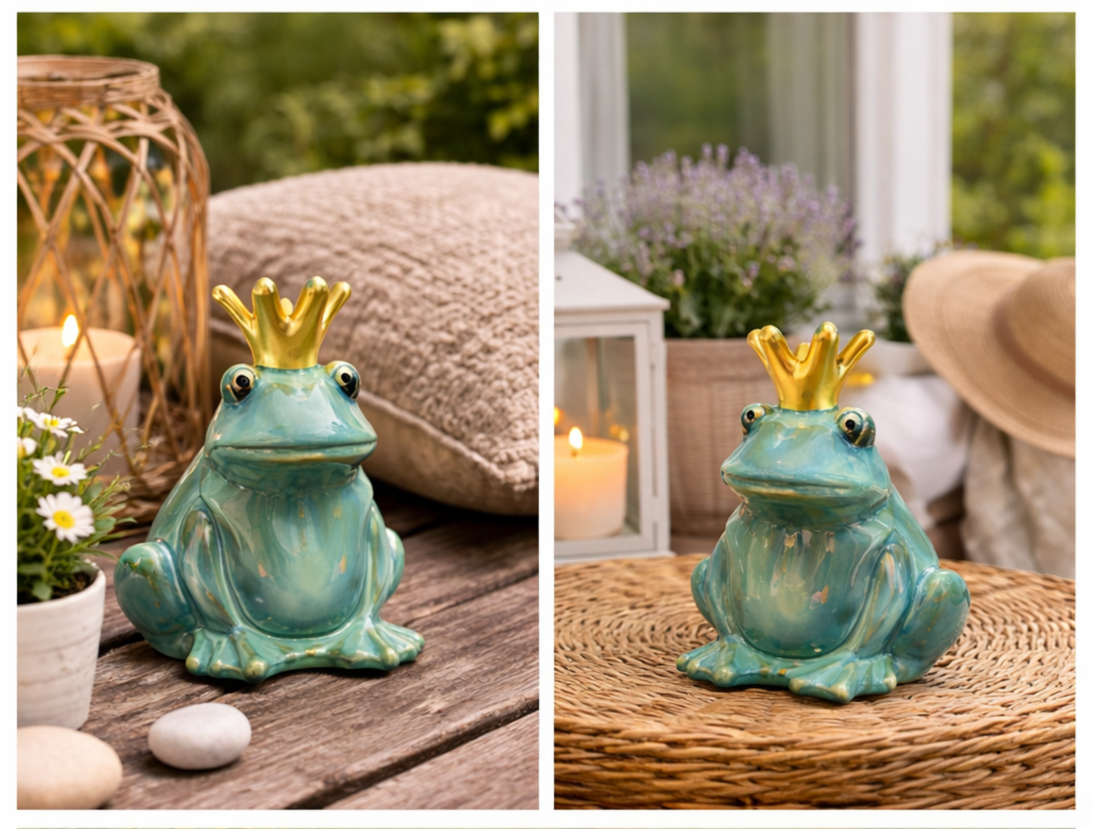 Frosch Keramik mit Krone grün 2er Set Dekofiguren 8,5 × H11,5 cm Gartenfigur Froschkönig Figuren für Wohn- & Gartendeko