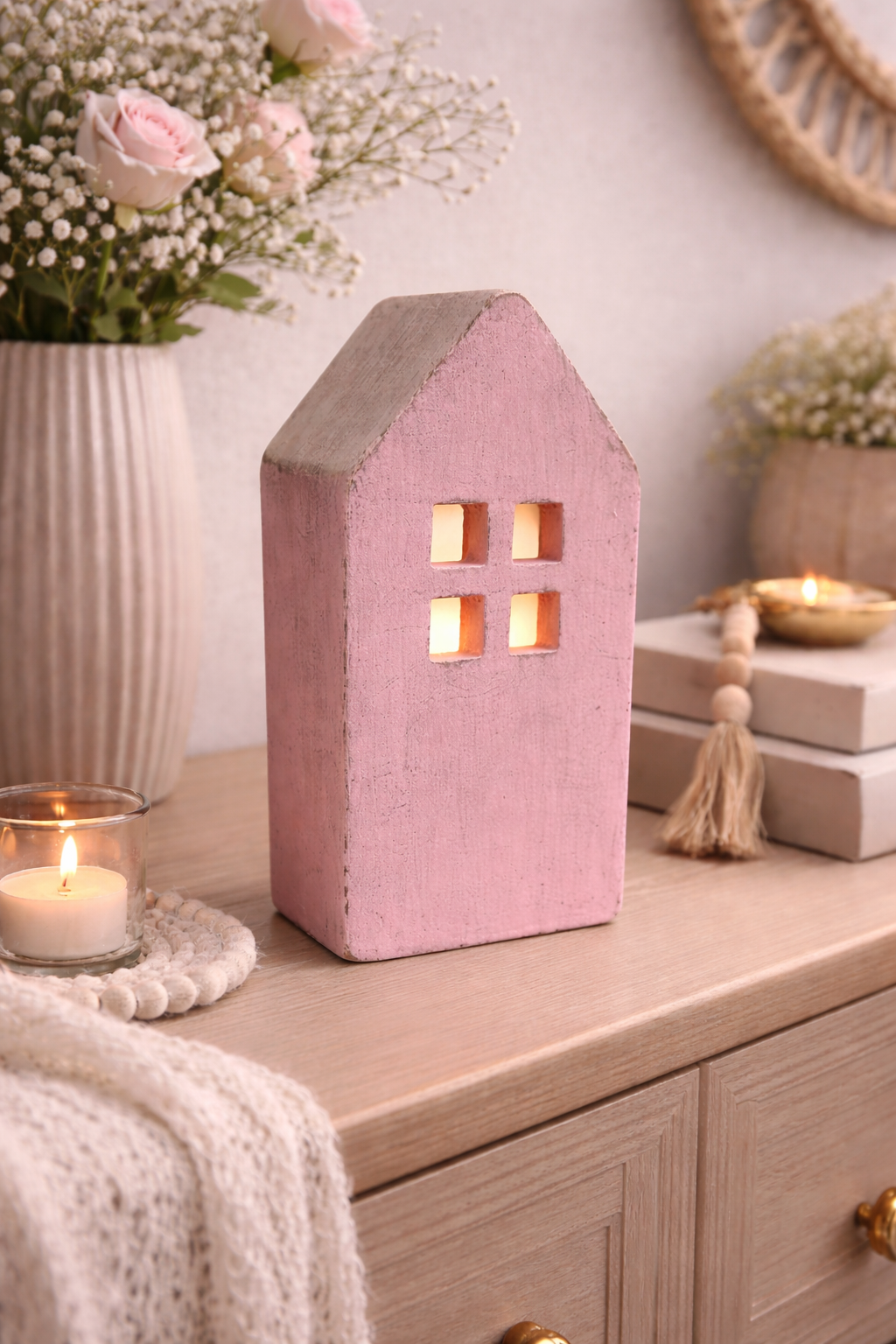 Lichterhaus Zement Rosa Höhe 19,5cm + 22,5 cm Deko Haus für Licht Teelichthaus für Wohnbereich 2Größen wählbar