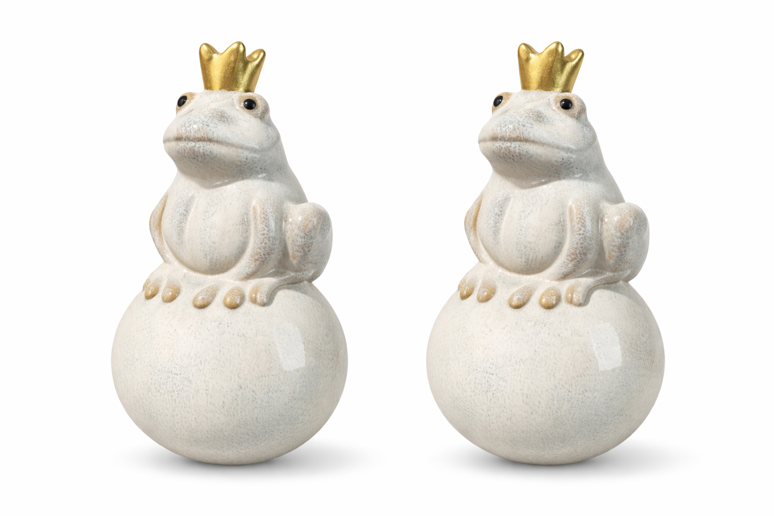 Frosch Keramik auf Kugel creme mit goldener Krone 7,5cm H13,5cm Dekofigur für Garten Balkon & Teich Gartenfigur 2erSet Gartendeko Froschkönig