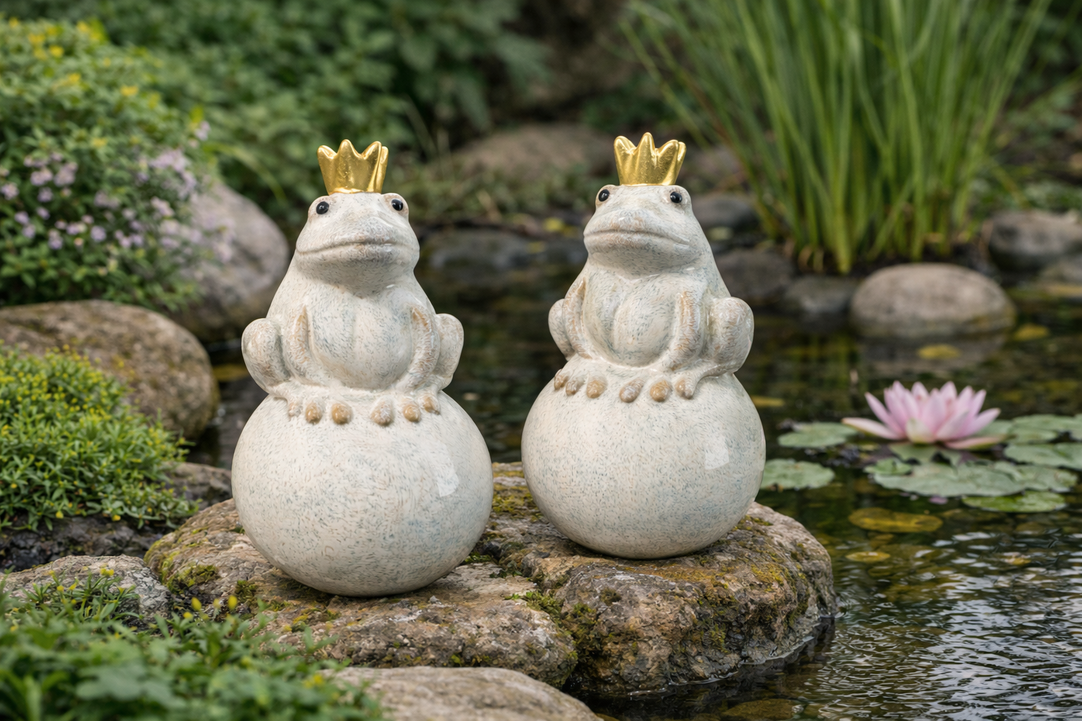 Frosch Keramik auf Kugel creme mit goldener Krone 7,5cm H13,5cm Dekofigur für Garten Balkon & Teich Gartenfigur 2erSet Gartendeko Froschkönig