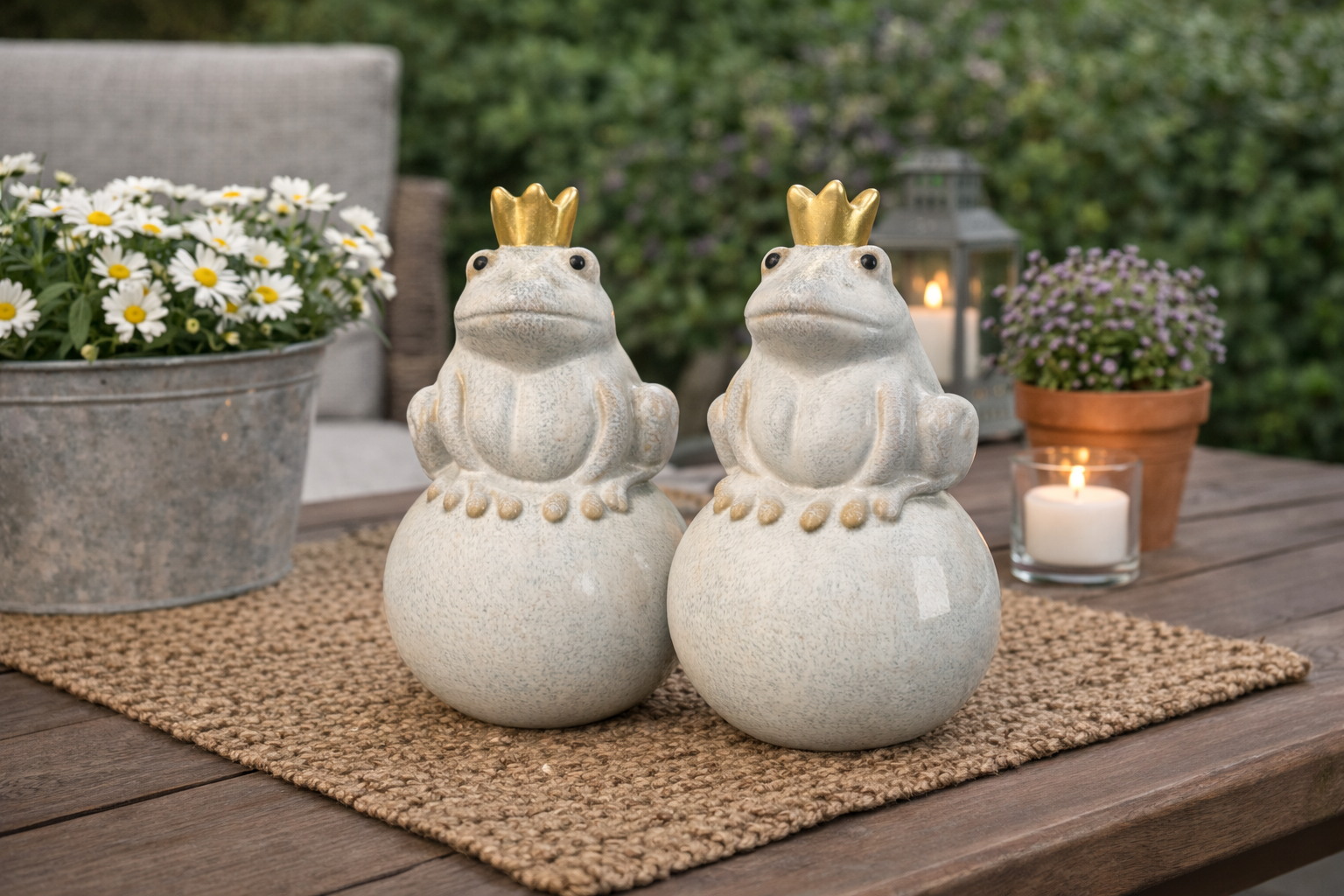 Frosch Keramik auf Kugel creme mit goldener Krone 7,5cm H13,5cm Dekofigur für Garten Balkon & Teich Gartenfigur 2erSet Gartendeko Froschkönig