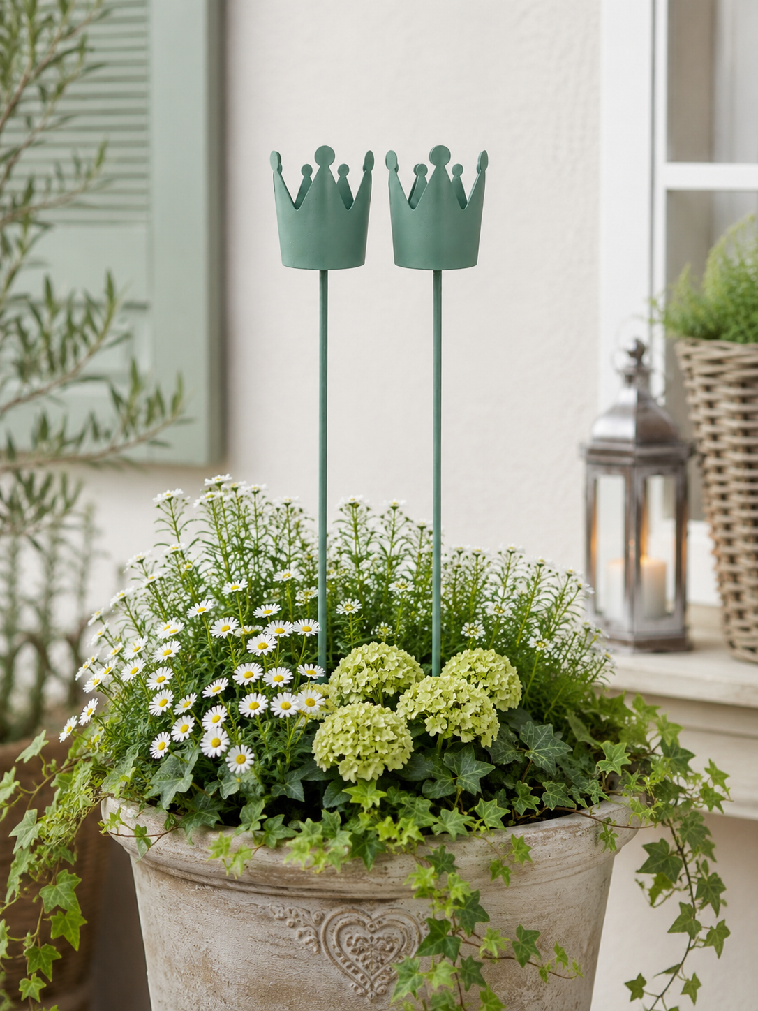 Gartenstecker Krone 2er Set Metall mint Dekokrone am Stab Pflanzstecker für Garten, Blumentopf und Beet L80 cm