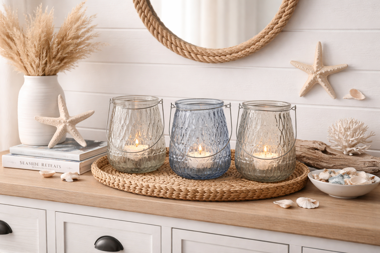 Windlicht 3Fb.sort. Maritim Glas grau/blau Ø11cm H14cm