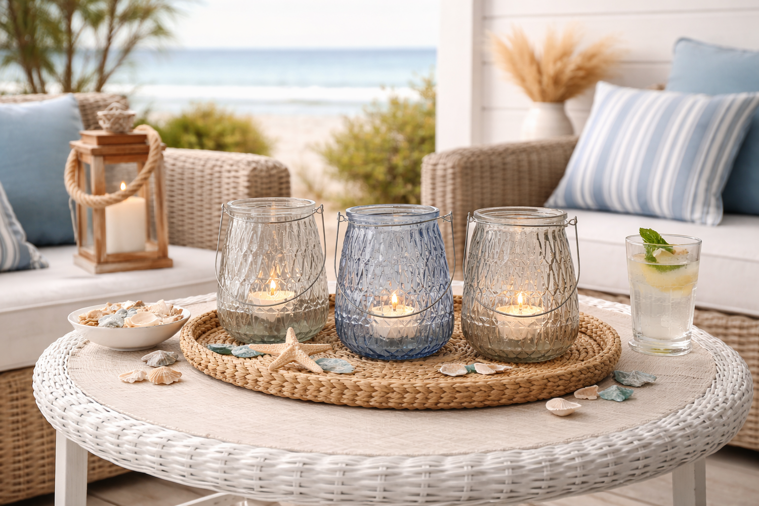 Windlicht 3Fb.sort. Maritim Glas grau/blau Ø11cm H14cm