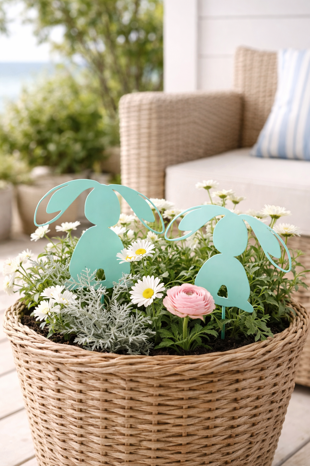 Hase Metall Gartenstecker mint 4er Set, H2 cm + 10cm Stab Dekorativer Oster- & Frühlingsstecker für Garten, Balkon, Blumentopf & Pflanzkübel wetterfeste Metall-Gartendeko