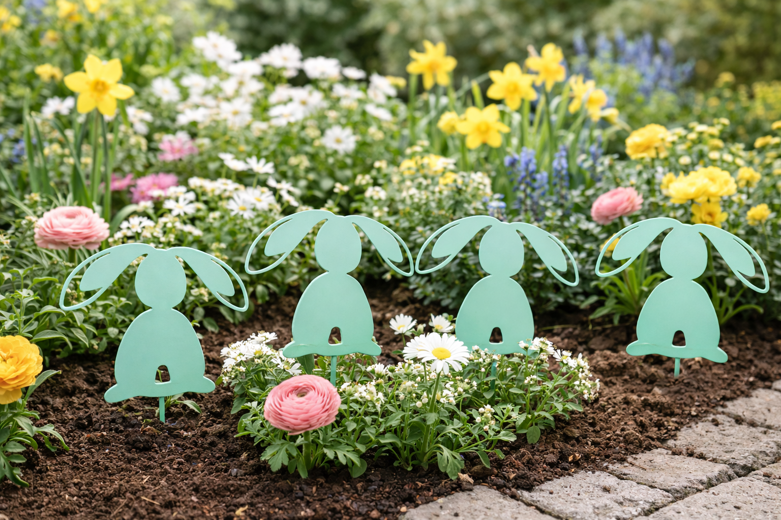 Hase Metall Gartenstecker mint 4er Set, H2 cm + 10cm Stab Dekorativer Oster- & Frühlingsstecker für Garten, Balkon, Blumentopf & Pflanzkübel wetterfeste Metall-Gartendeko