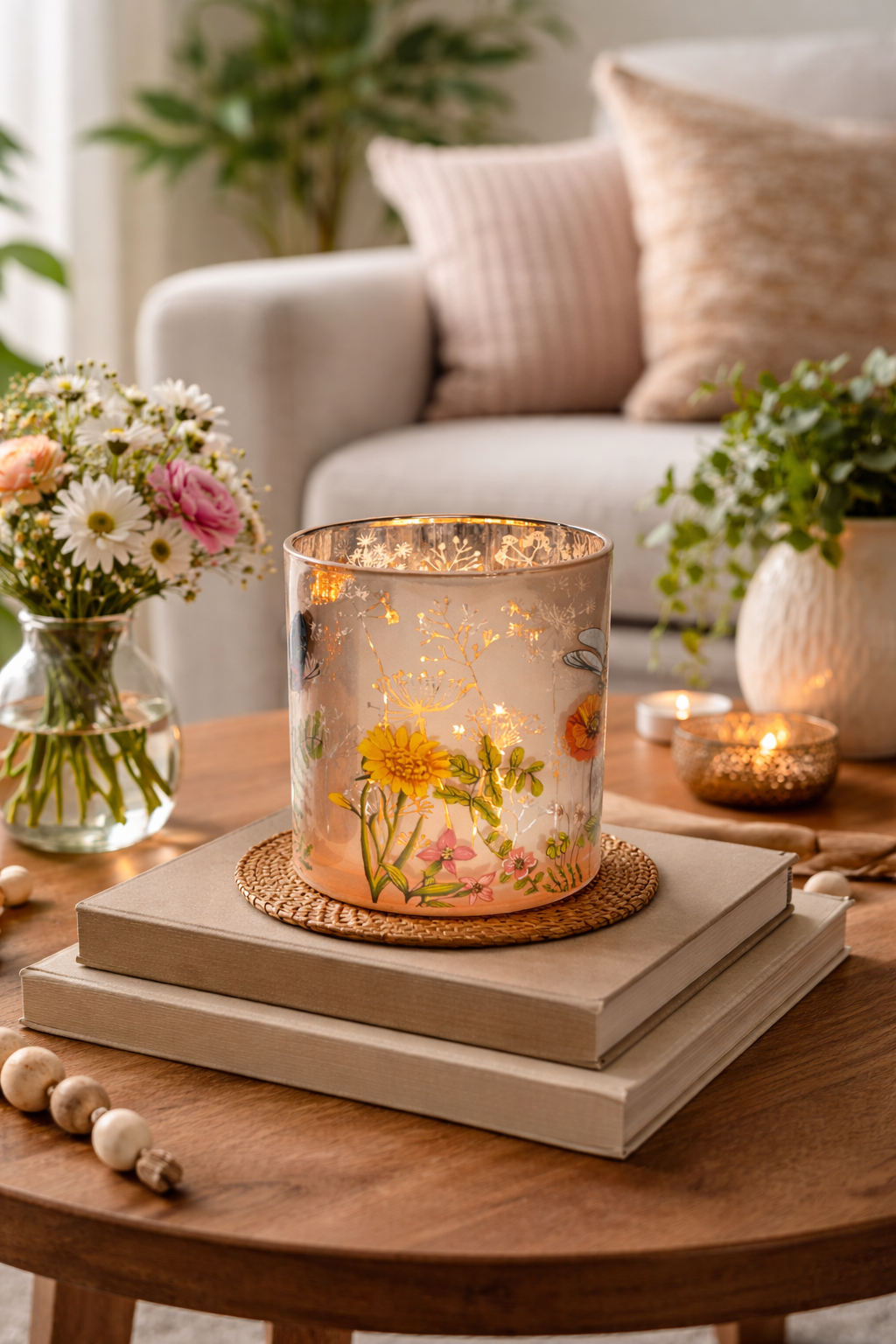 Windlicht Glas mit Blumen Dekor Teelichterhalter bunt Ø15cm H15cm Blumenwiese