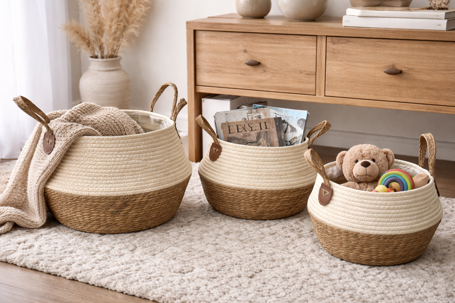 Korb mit Henkel 3er Set – Natur/Creme – Ø 30/25/20 cm – Geflochtene Aufbewahrungskörbe – Deko & Ordnung für Wohnbereich