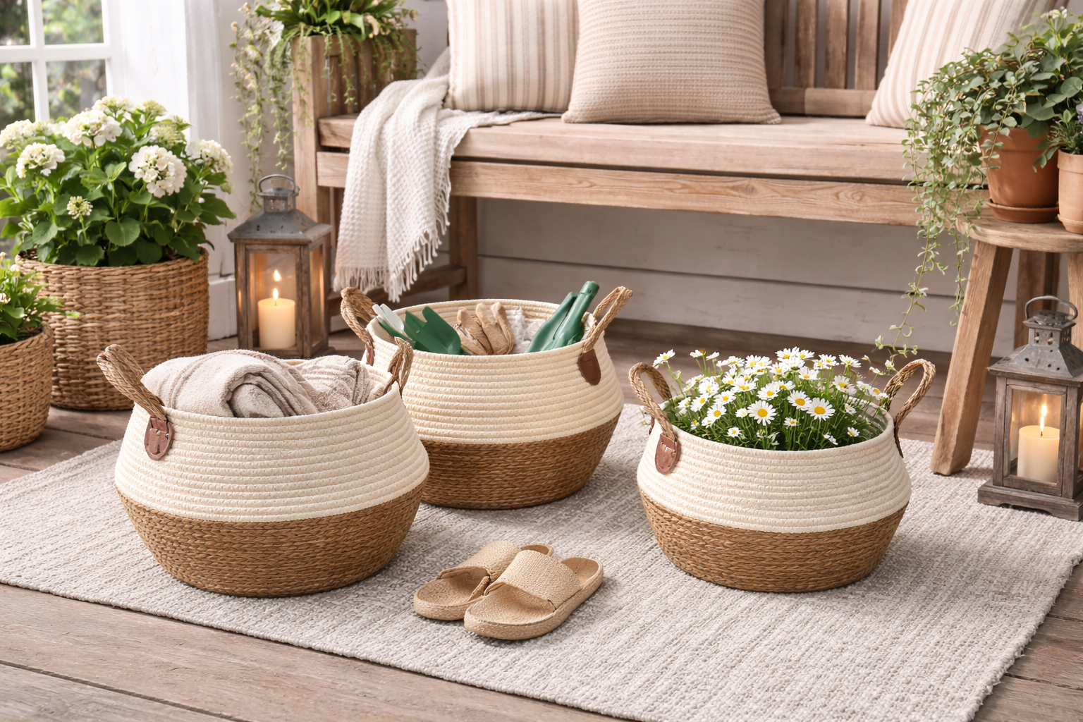 Korb mit Henkel 3er Set – Natur/Creme – Ø 30/25/20 cm – Geflochtene Aufbewahrungskörbe – Deko & Ordnung für Wohnbereich