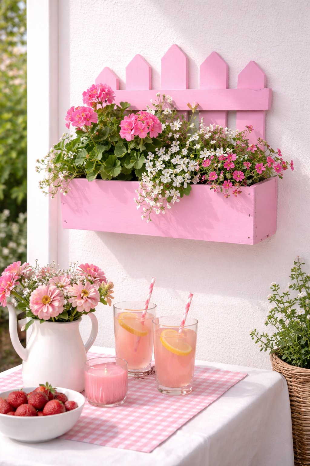 Holz Pflanzkasten Zaun-Optik pink 23 × 10 cm Höhe 27 cm mit Folie ausgelegt Dekorativer Kräuter- & Blumenpflanzkasten