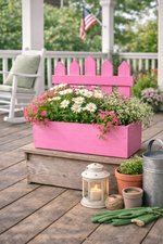 Lade das Bild in den Galerie-Viewer, Holz-Pflanzkasten Zaun-Optik pink – 23 × 10 cm – Höhe 27 cm – Mit Folie ausgelegt – Dekorativer Kräuter- &amp; Blumenpflanzkasten
