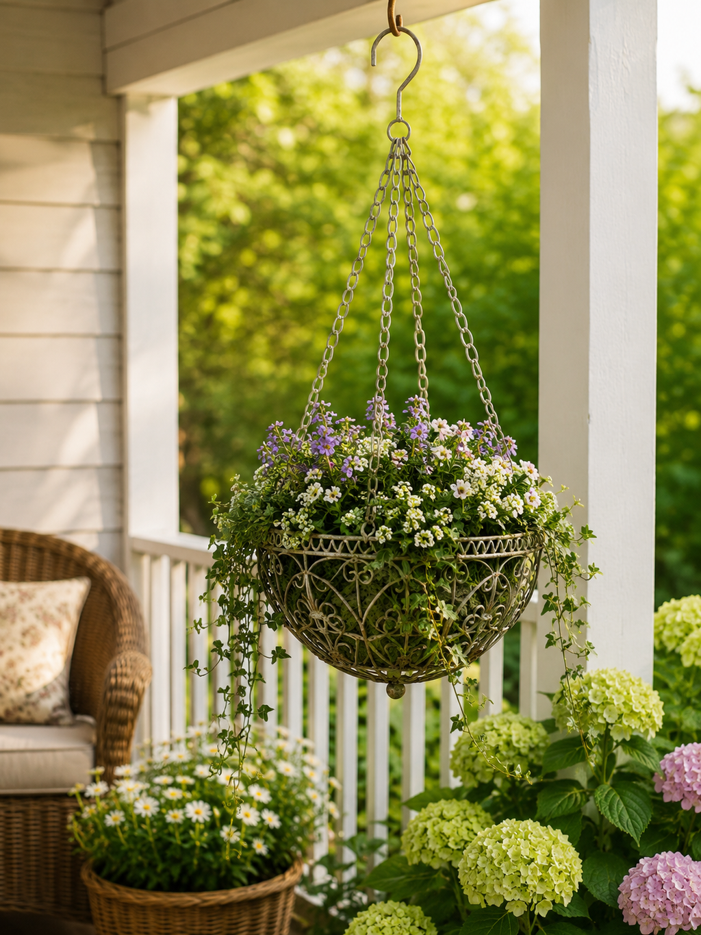 Hängeampel mit Kette Hängekorb Metallampel Blumenampel grau/braun Pflanzkorb zum Aufhängen Ø30cm H68cm für Garten Balkon und Terrasse