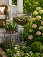 Korb am Stab Pflanzkorb Metall Ø28cm H18cm L133cm grau/braun Pflanzschale Shabby Gartendeko Pflanztopf Rankstab