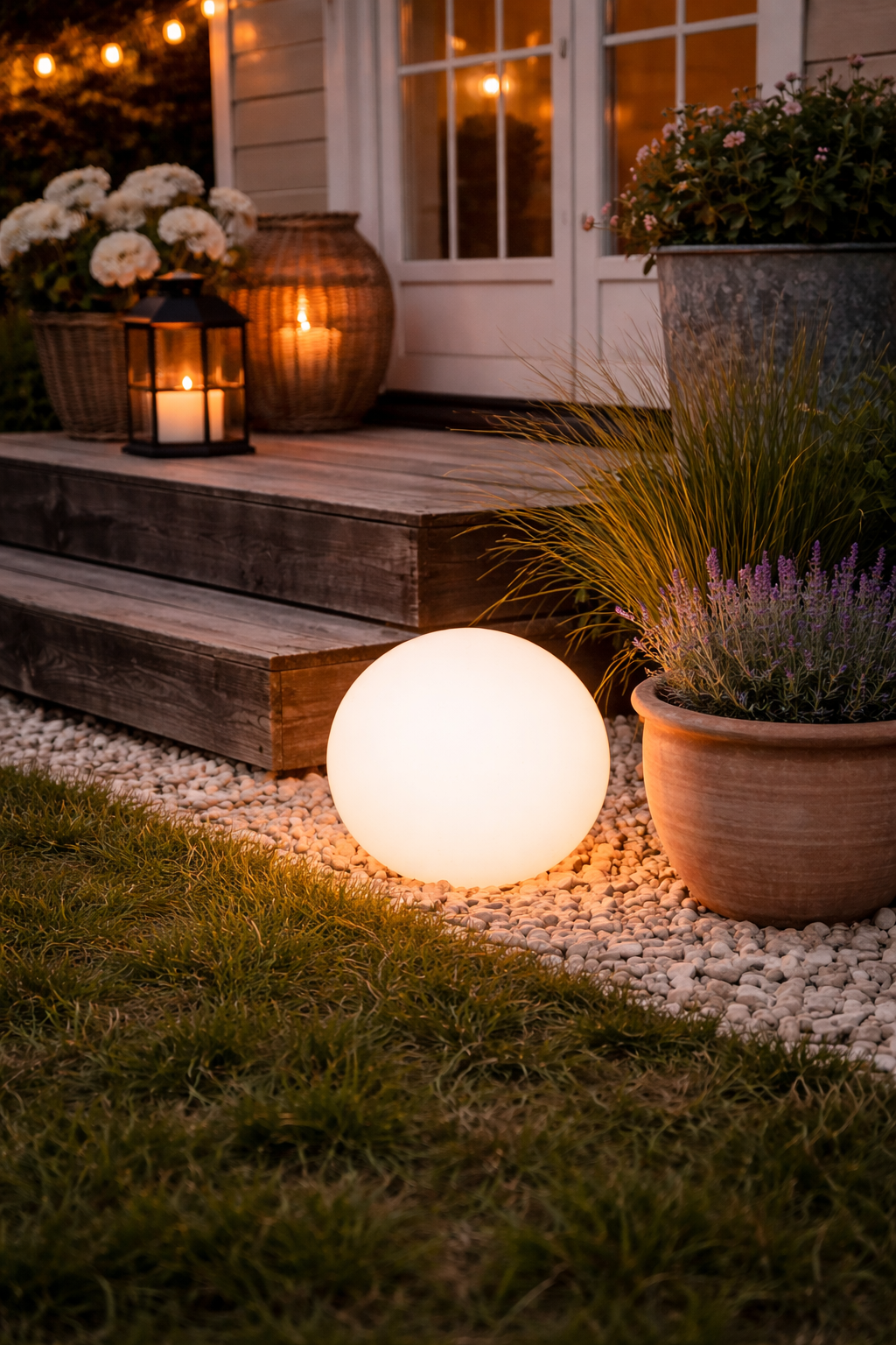 Solar LED Kugelleuchte Ø20/25/30cm Außenleuchte Garten, Balkon & Terrasse Wetterfest IP44 Warmweißes Licht Kunststoff Weiß Dekorative Solar Gartenlampe 3Größen wählbar