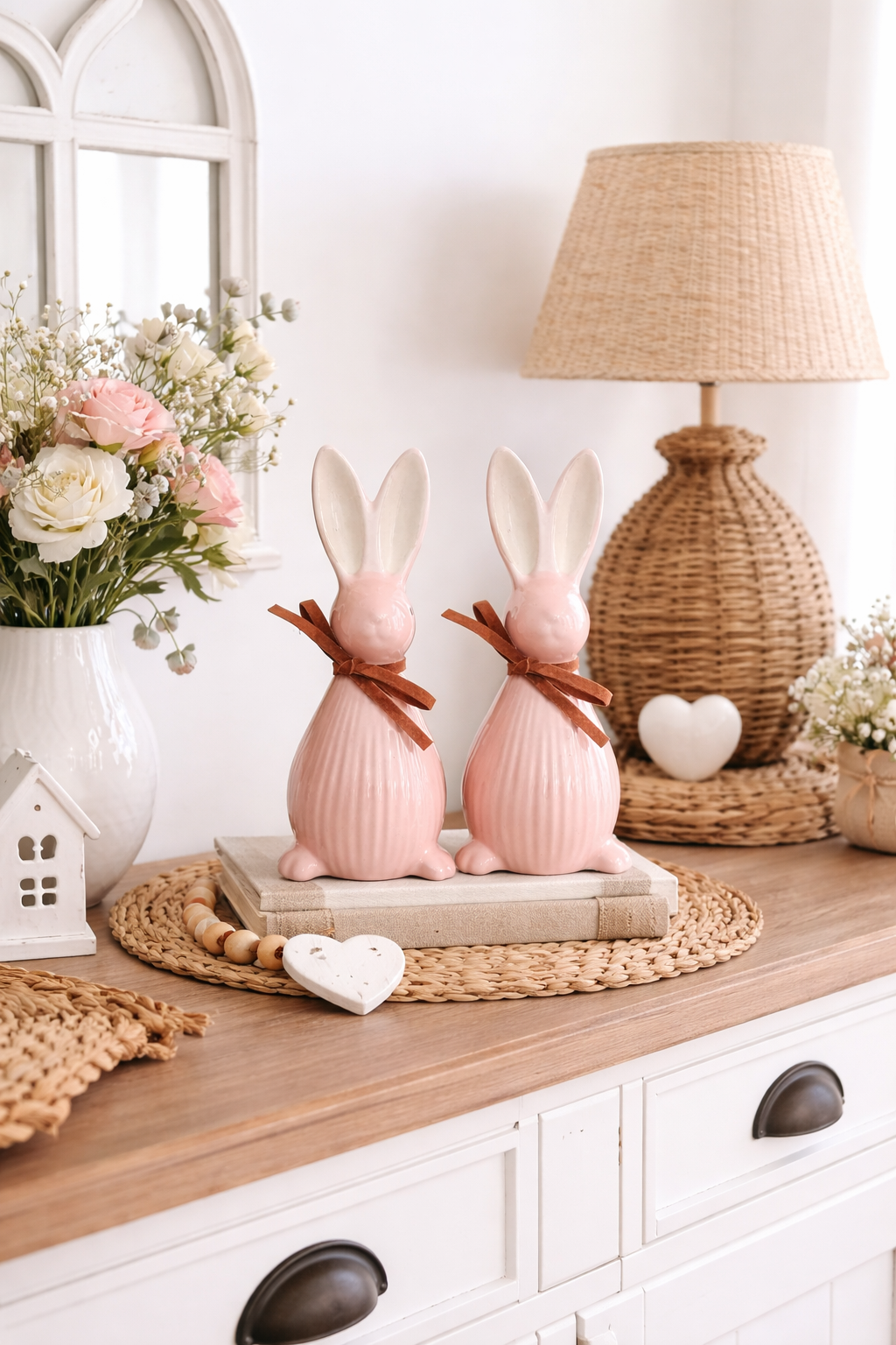 Keramik Hase 2er Set Dekofigur Ø7cm H17cm rosa Osterdeko Frühjahrsdekoration Wohnaccessoire