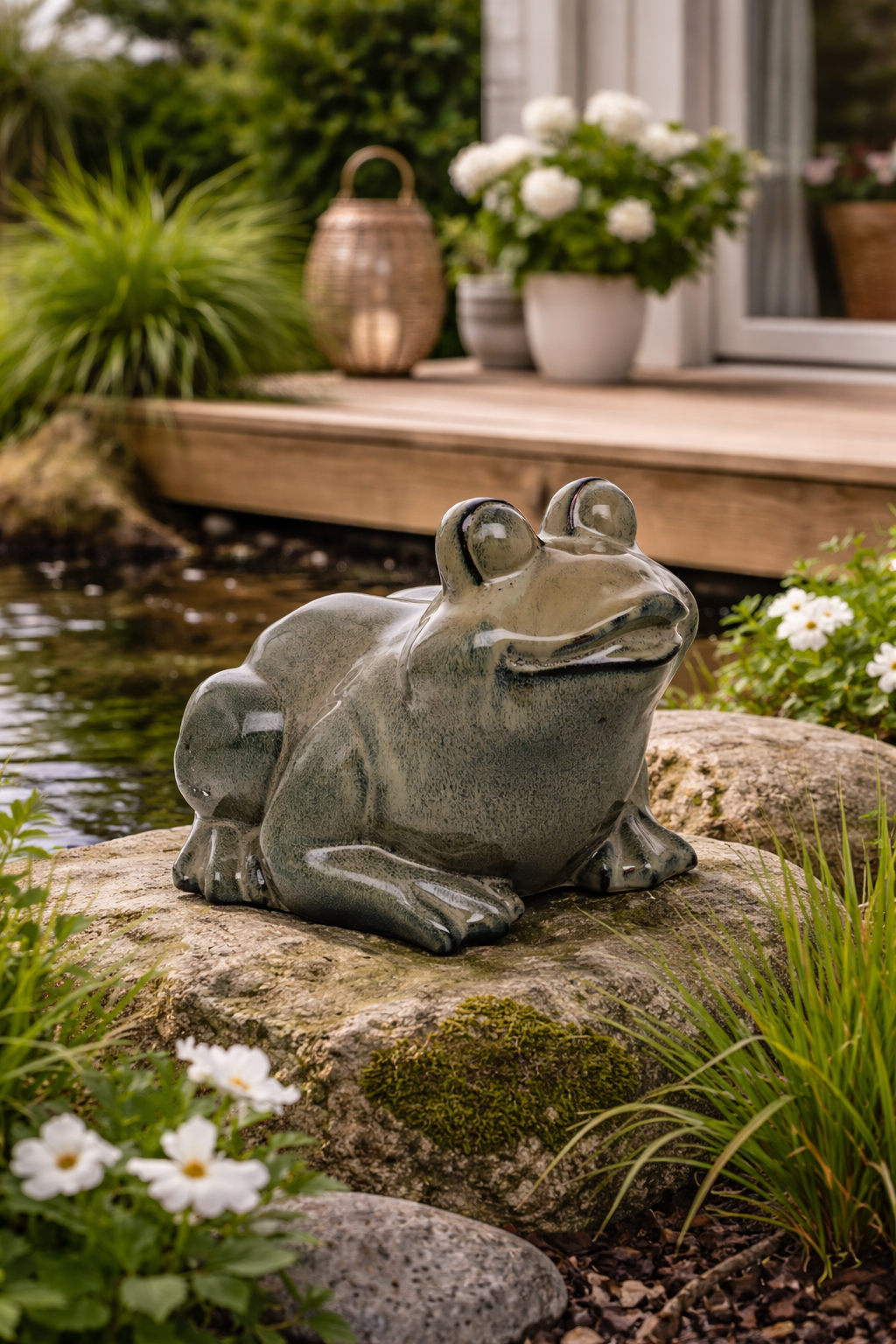 Frosch grau/grün Steingut glasiert Figur Skulptur Garten 27x26cm H20cm