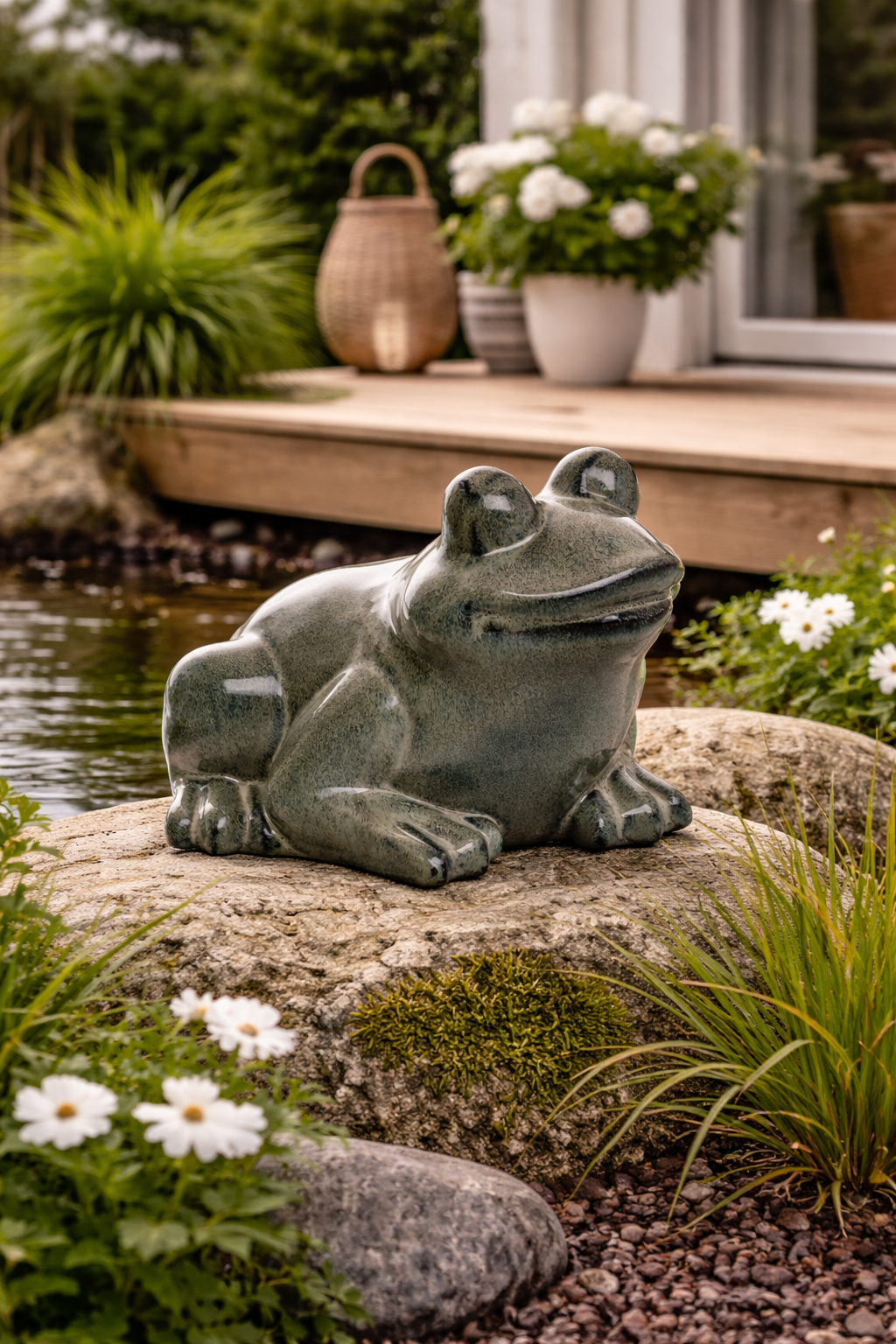 Frosch grau/grün Steingut glasiert Figur Skulptur Garten 21x22cm H17cm
