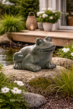 Lade das Bild in den Galerie-Viewer, Frosch grau/grün Steingut glasiert Figur Skulptur Garten 21x22cm H17cm
