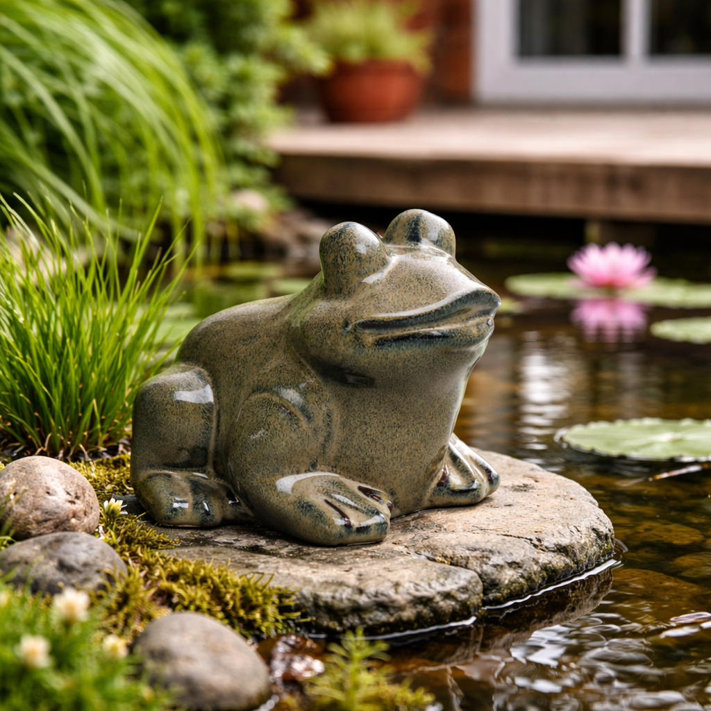 Frosch grau/grün Steingut glasiert Figur Skulptur Garten 16x15cm H13cm