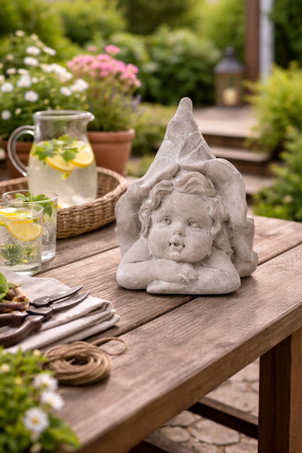 Fee Gartendeko Figuren Gartenfiguren Ø12x11cm H15cm Statue Elfen Skulptur Zement grau gewischt