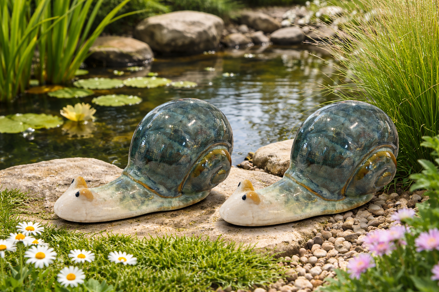 Schnecke Keramik 2erSet Grün 15 x 8cm Wetterfeste Gartenfigur aus Keramik Dekorative Schneckenfigur für Garten, Balkon & Wohnung