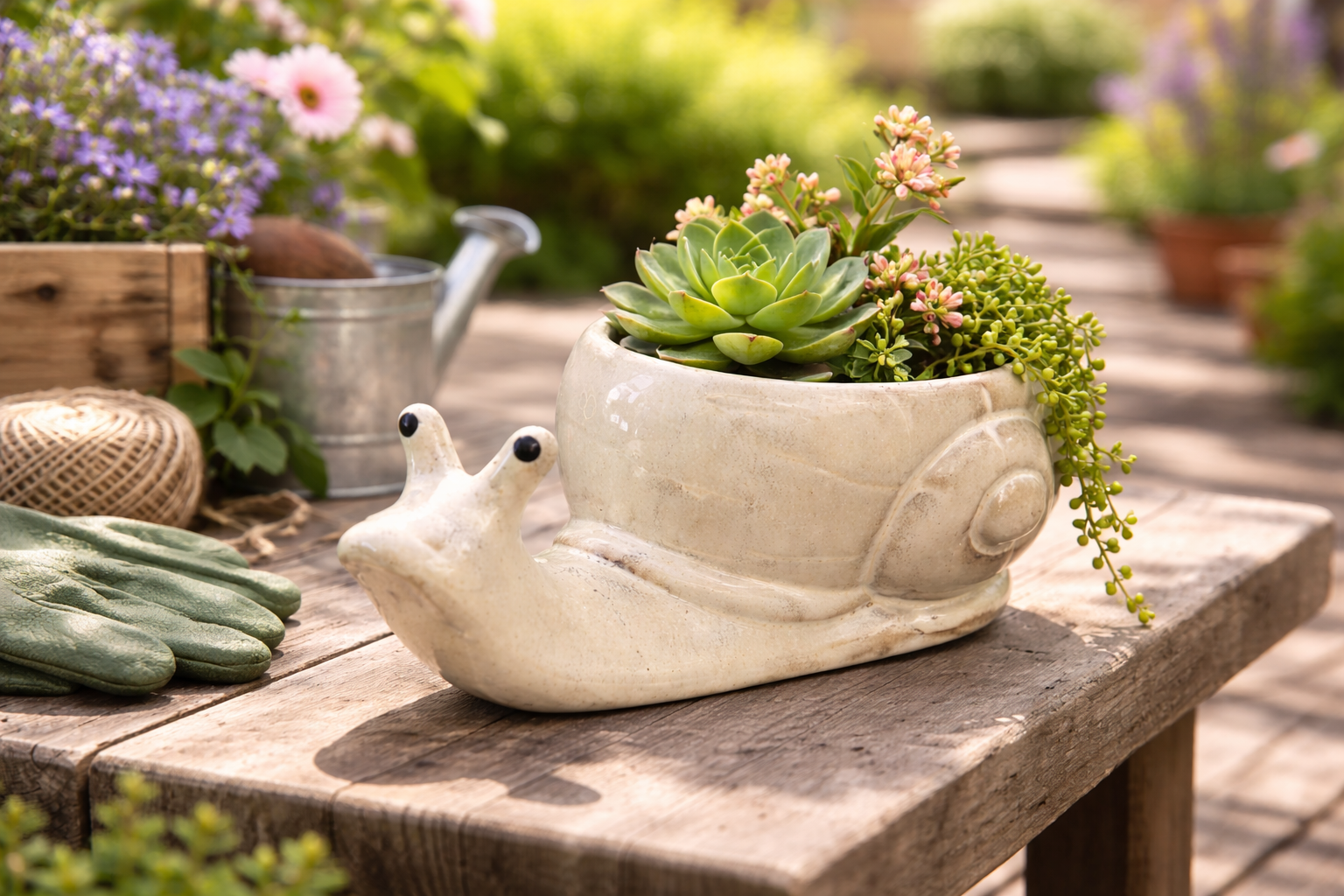 Schnecke Keramik Pflanzgefäß creme 18 x 8,5cm Dekorative Pflanz-Schnecke zum Bepflanzen Gartenfigur & Blumentopf für Garten, Balkon & Terrasse