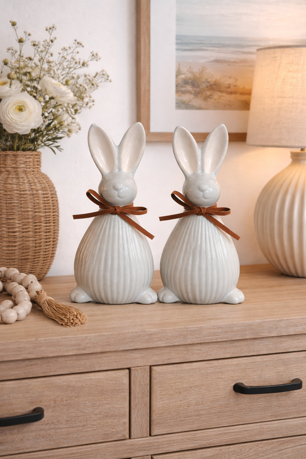 Keramik Hase 2er Set Dekofigur Ø7cm H17cm mint Osterdeko Frühjahrsdekoration Wohnaccessoire
