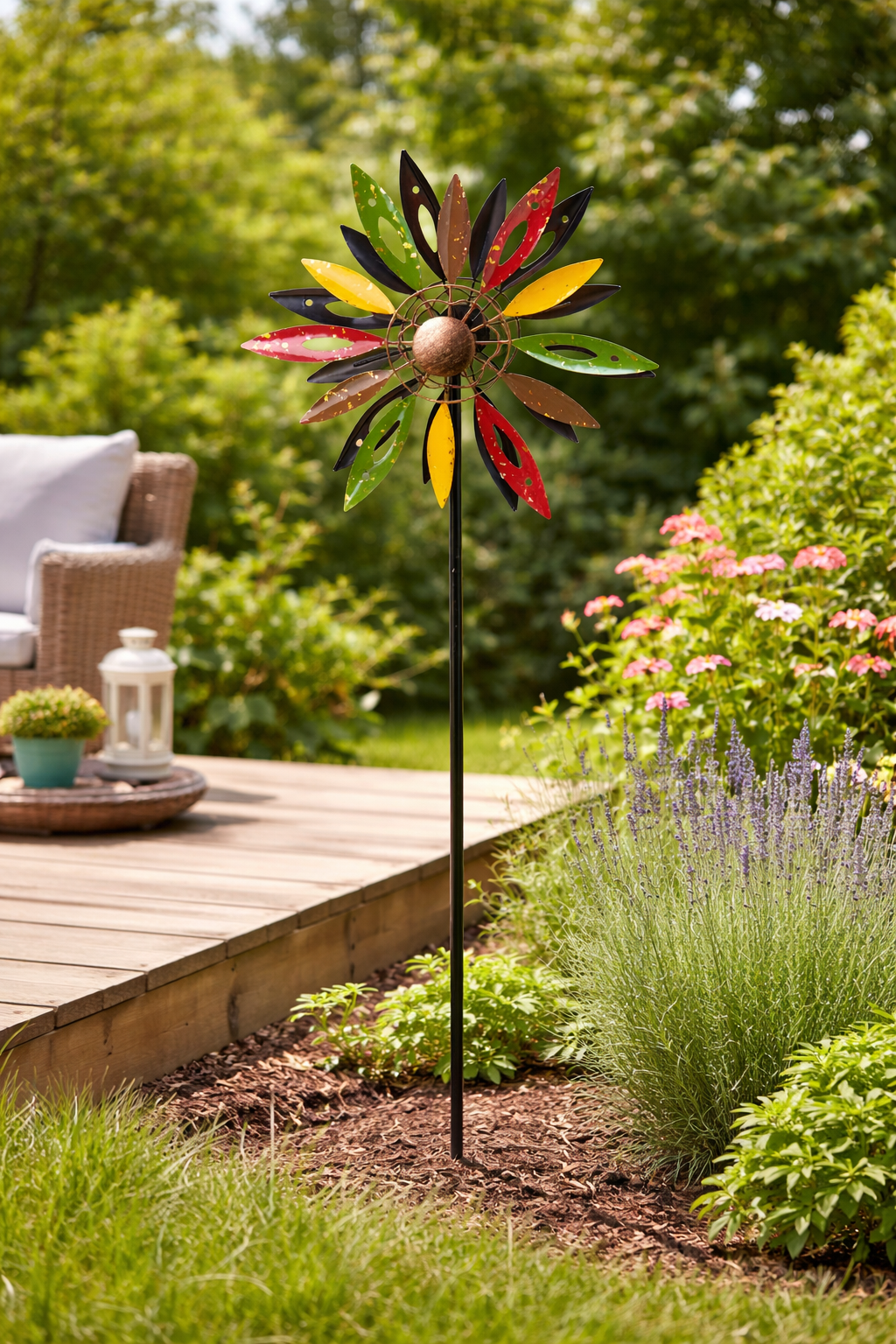 Windrad Metall Windspiel Doppelt Gartendeko Windmühle Gartenstecker bunt Ø30x13cm H120cm