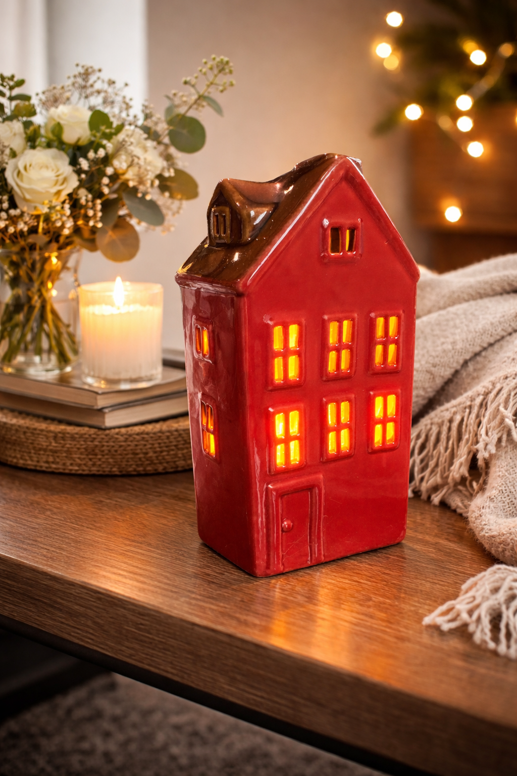 LED Haus mit Beleuchtung rot/natur 10x7cm H21cm Dekohaus Keramik Weihnachten Lichterhaus