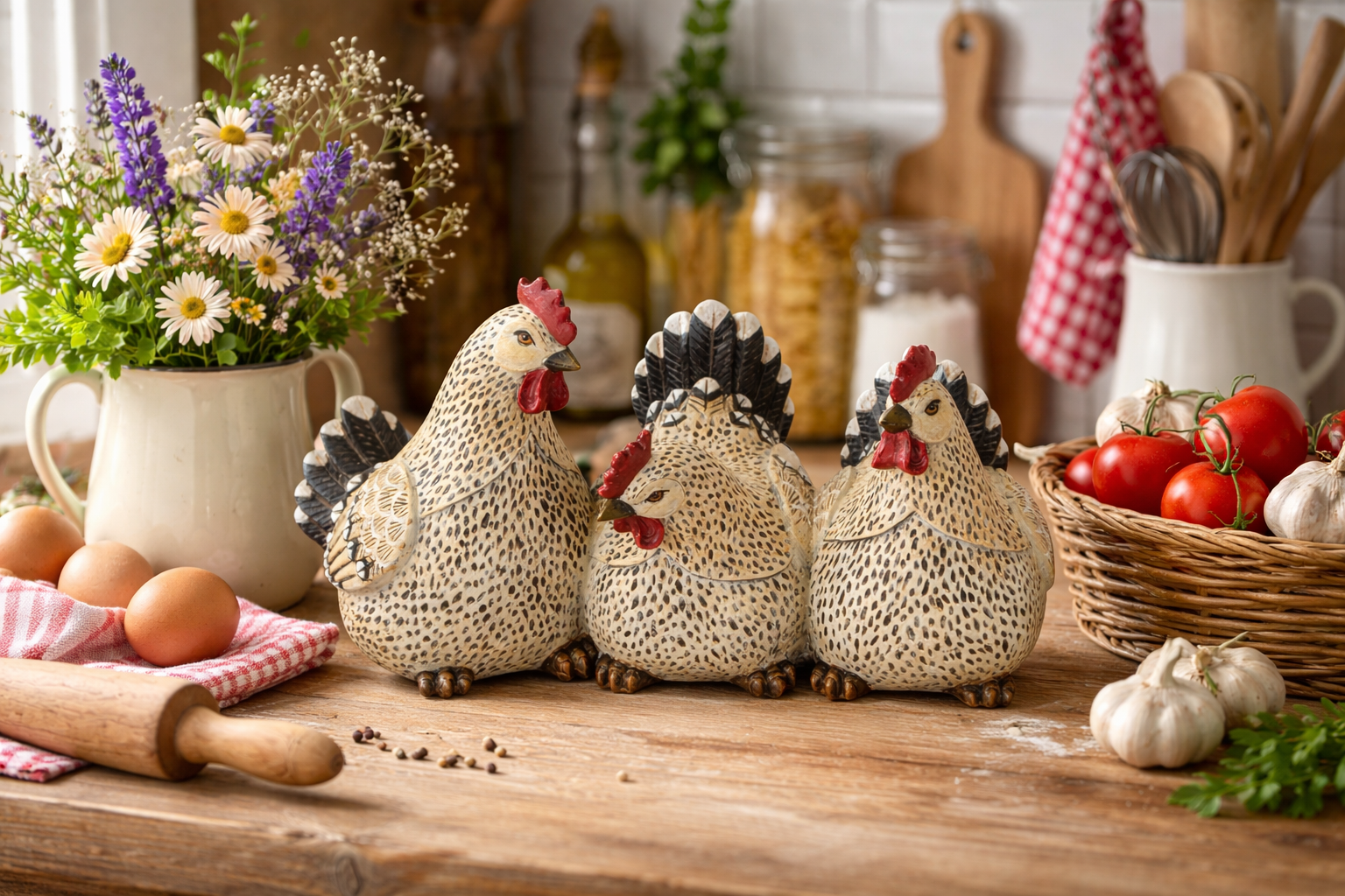 Deko Hühner Set 3-teilig natur/schwarz – Landhausstil Dekofiguren aus Polyresin,29,5x15 cm Hoch ca. 17cm Ostern Skuptur