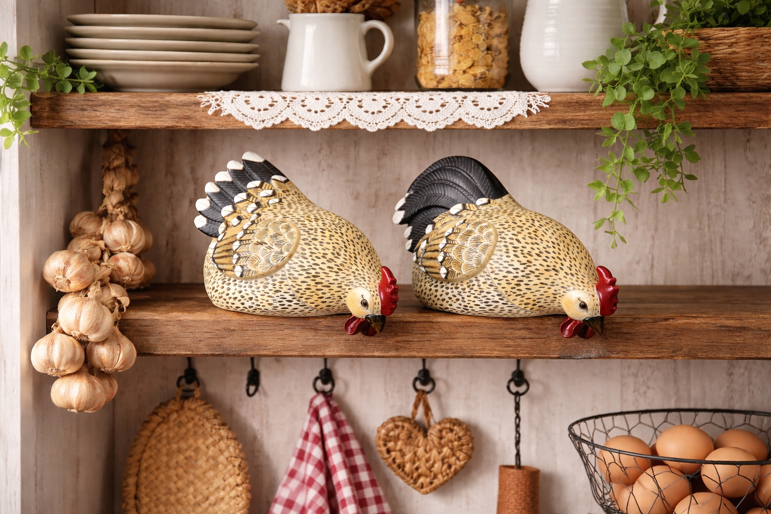 Deko Huhn Kantenhocker 2-fach sortiert natur/schwarz – Landhaus Dekofigur aus Polyresin, 23,5x12,5x H15,5cm und 30x12x H17,5cm Ostern Skulptur