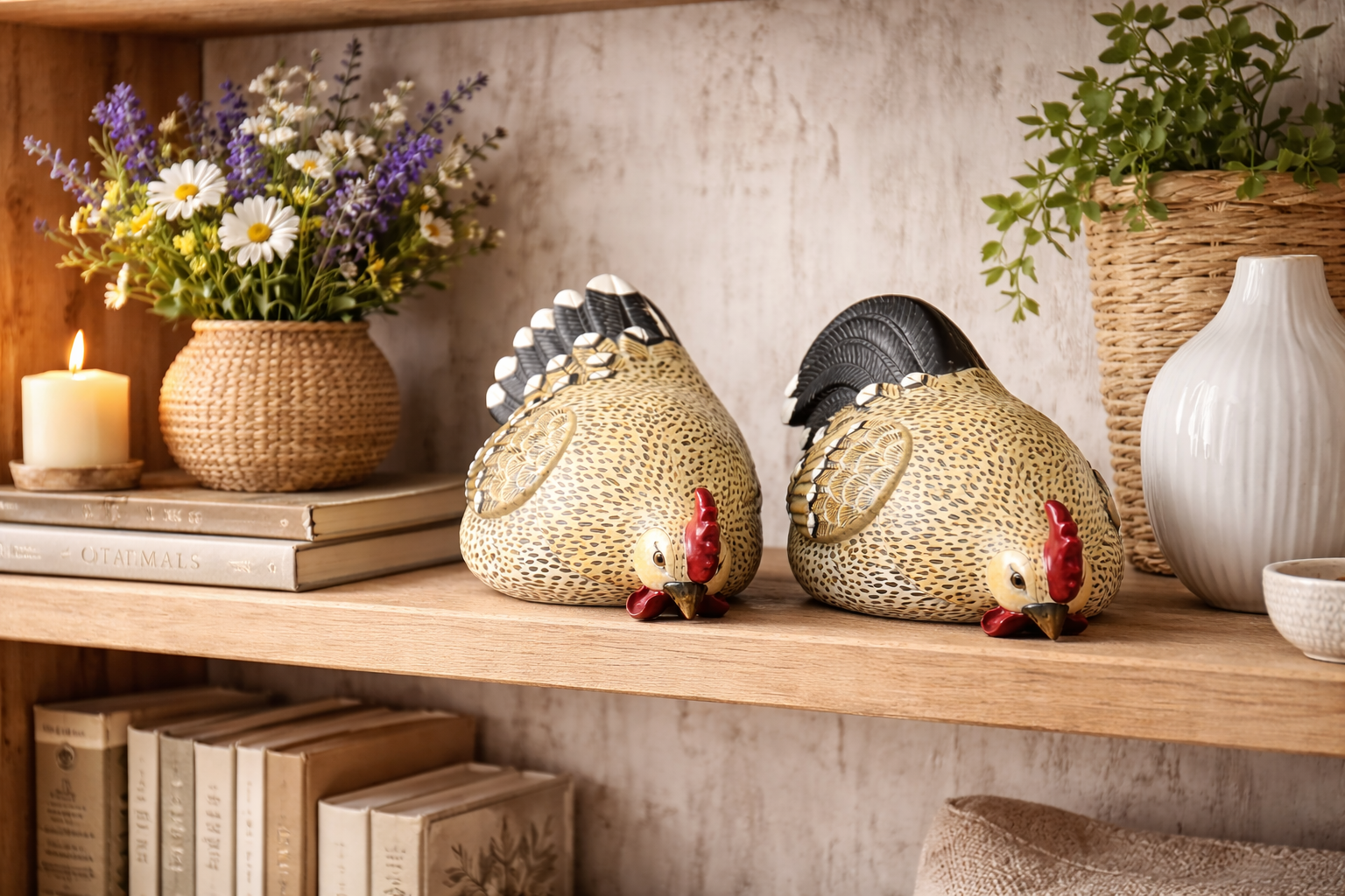 Deko Huhn Kantenhocker 2-fach sortiert natur/schwarz – Landhaus Dekofigur aus Polyresin, 23,5x12,5x H15,5cm und 30x12x H17,5cm Ostern Skulptur