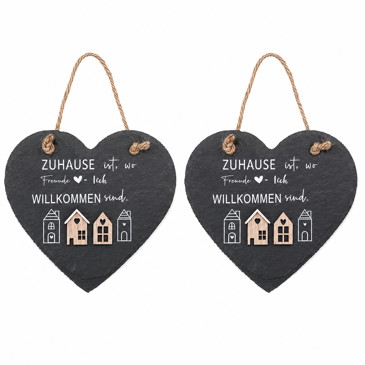 Schiefer Herzanhänger 2er Set 15 cm mit Spruch – Dekorative Herzhänger aus Schiefer für Haus, Garten und Eingangsbereich