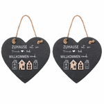 Lade das Bild in den Galerie-Viewer, Schiefer Herzanhänger 2er Set 15 cm mit Spruch – Dekorative Herzhänger aus Schiefer für Haus, Garten und Eingangsbereich
