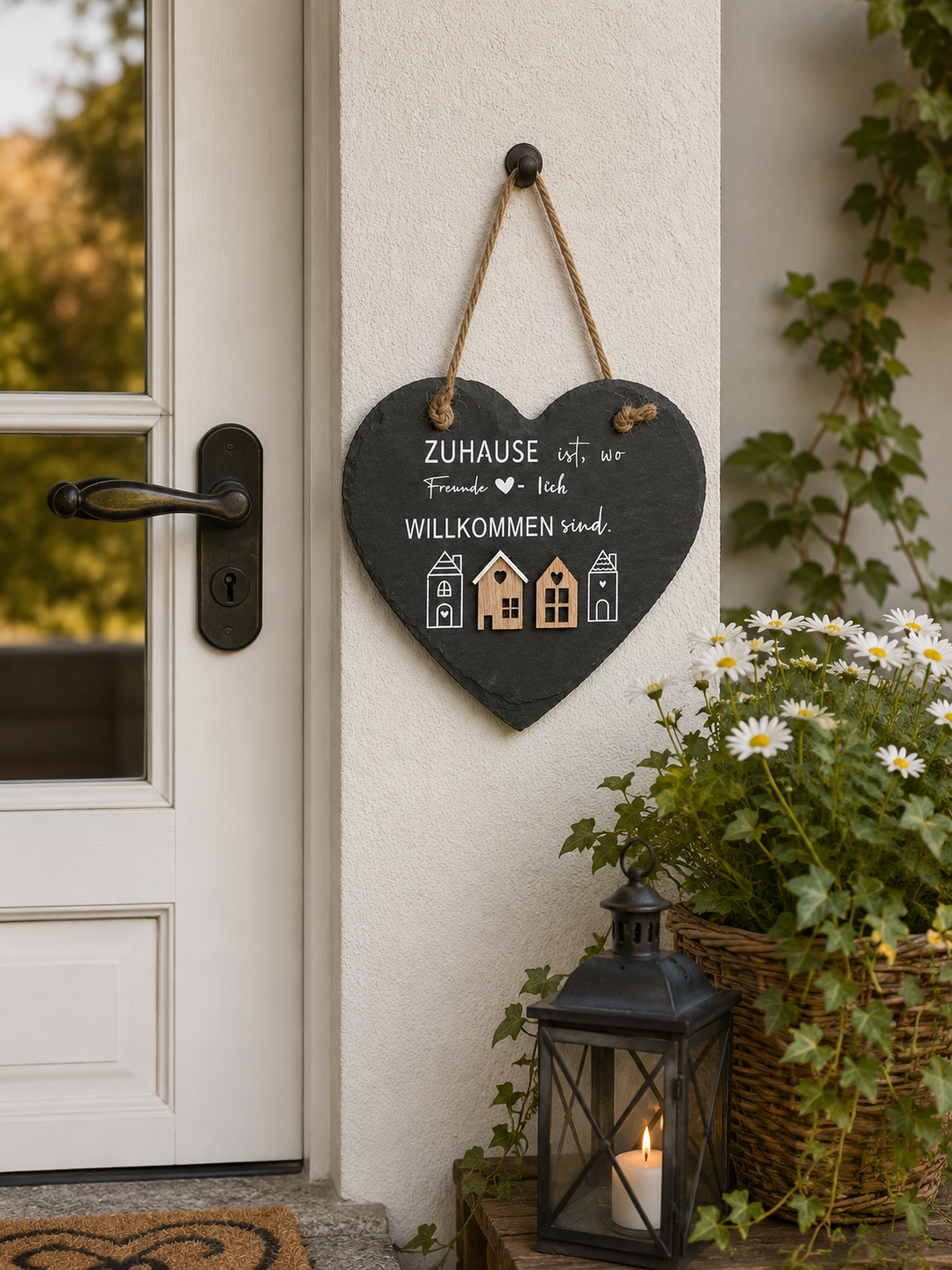 Schiefer Herzanhänger 2er Set 15 cm mit Spruch – Dekorative Herzhänger aus Schiefer für Haus, Garten und Eingangsbereich