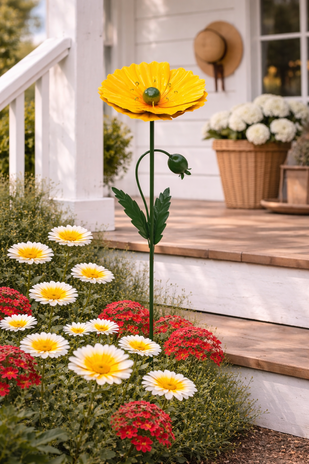 Gartenstecker Metall-Blume Mohn gelb Ø18 cm Höhe 96 cm Gartendeko für Beet & Terrasse Stecker