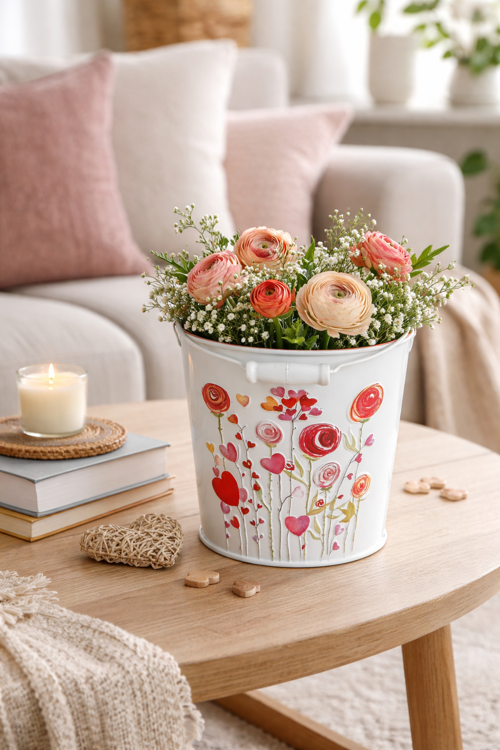 Metall-Eimer mit Henkel Ø15/17/19cm H13/15/17cm "Herz/Blumen" Vintage-Landhausstil für Pflanzen & Wohnaccessoires Übertopf 3Größen wählbar