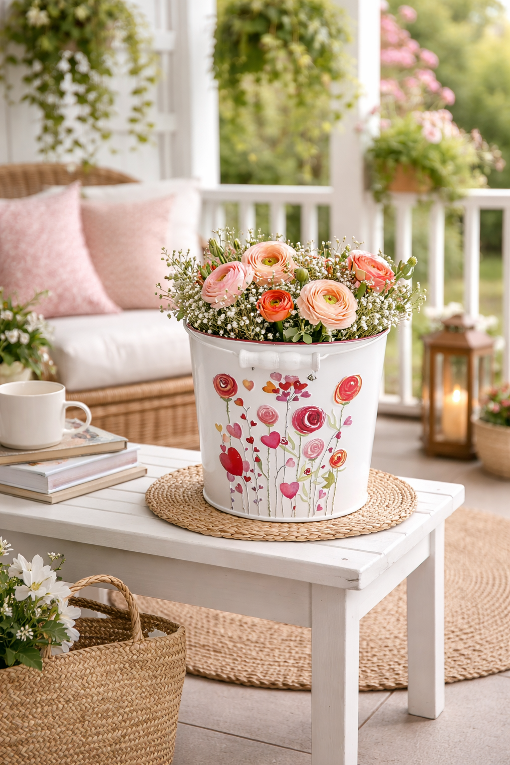 Metall-Eimer mit Henkel Ø15/17/19cm H13/15/17cm "Herz/Blumen" Vintage-Landhausstil für Pflanzen & Wohnaccessoires Übertopf 3Größen wählbar
