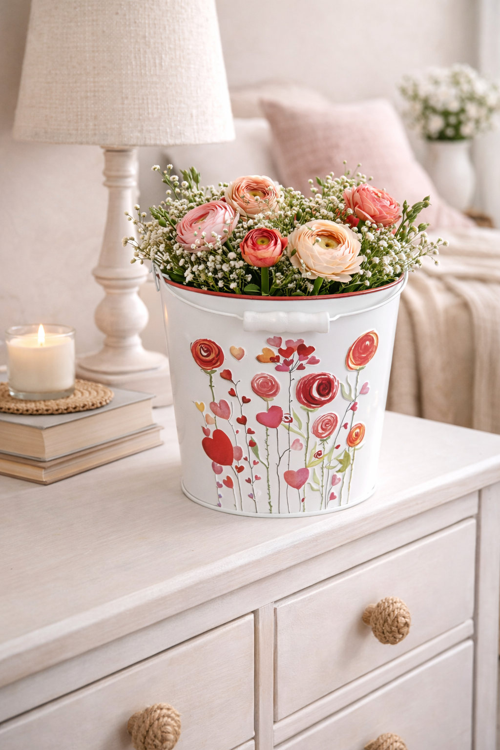 Metall-Eimer mit Henkel Ø15/17/19cm H13/15/17cm "Herz/Blumen" Vintage-Landhausstil für Pflanzen & Wohnaccessoires Übertopf 3Größen wählbar