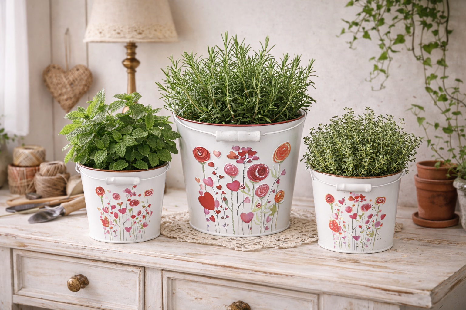 Metall-Eimer mit Henkel Ø15/17/19cm H13/15/17cm "Herz/Blumen" Vintage-Landhausstil für Pflanzen & Wohnaccessoires Übertopf 3Größen wählbar
