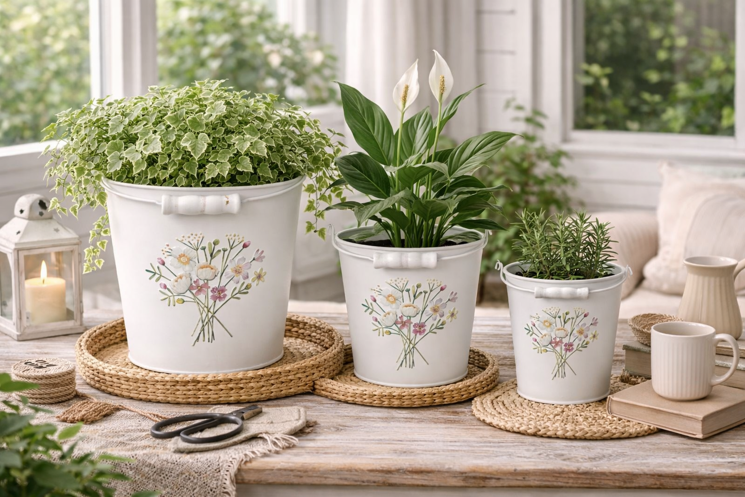 Metall-Eimer mit Henkel Ø15/17/19cm H13/15/17cm "Blumen bunt" Vintage für Pflanzen & Wohnaccessoires Blumentopf Aufbewahrung Deko 3Größen wählbar
