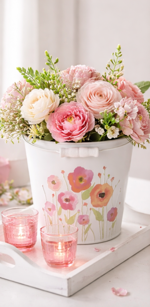 Metall-Eimer mit Henkel Ø15/17/19cm H13/15/17cm "Mohn bunt" Landhausstil für Pflanzen & Wohnaccessoires vielseitig als Blumentopf Übertopf 3Größen wählbar